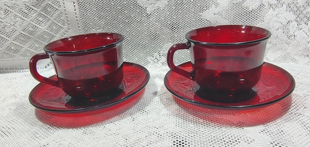 Vintage Arcoroc France Ruby Red Glass 2 Cups and 2 Saucers (D)